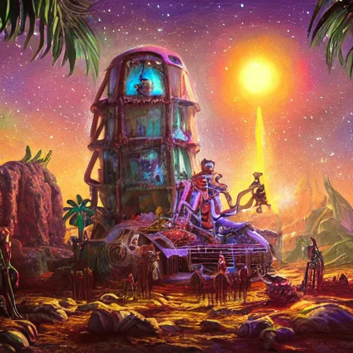 Image similar to extraterrestrial wedding in village on ancient post - apocalyptic planet, jim henson creature shop, vivid and colorful, cinematic, oil painting, highly detailed, illustration