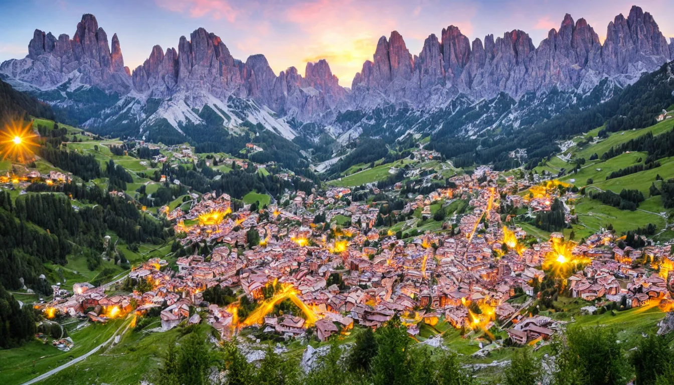 Prompt: an italian town in the dolomites mountains, sunset