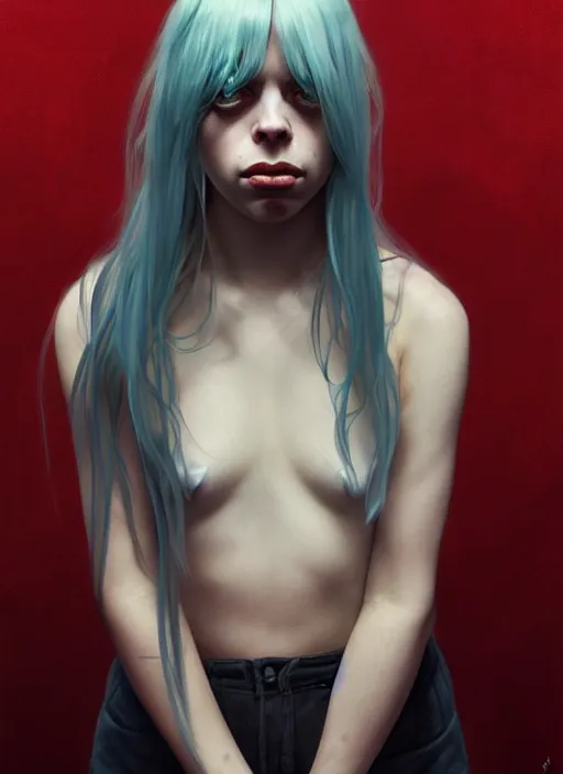 Image similar to Overlord Billie Eilish, body portrait, slight smile, highly detailed, digital painting, artstation, concept art, sharp focus, illustration, art by wlop and greg rutkowski and alphonse mucha and artgerm