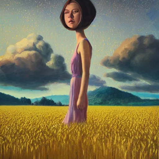 Prompt: giant daisy flowers as a head, girl walking in wheat field, hills, surreal photography, dark night, star trails, impressionist painting, dramatic clouds, digital painting, artstation, simon stalenhag