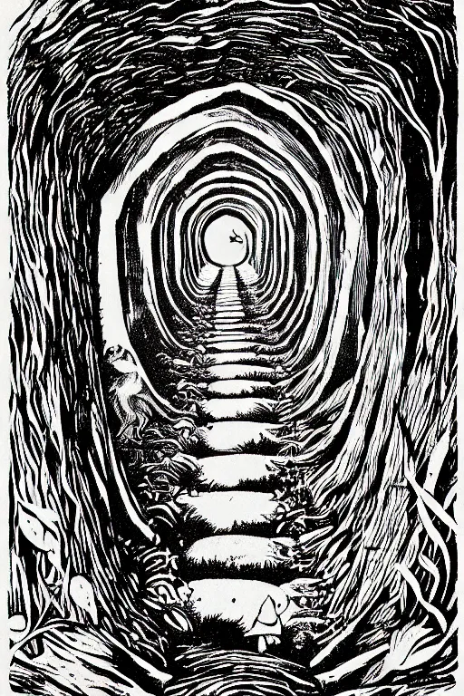 Image similar to alice in wonderland rabbit hole tunnel surreal, art by james o barr and albrecht durer, surreal woodcut engraving, black and white, vector, vector art