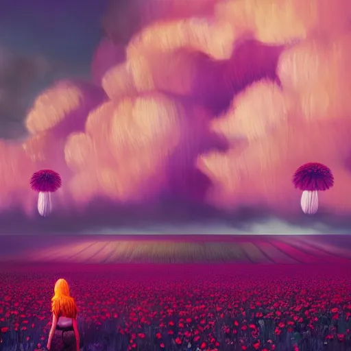 Image similar to giant dahlia flower head, full body girl standing in a flower field, surreal photography, sunrise, dramatic light, impressionist painting, colorful clouds, digital painting, artstation, simon stalenhag