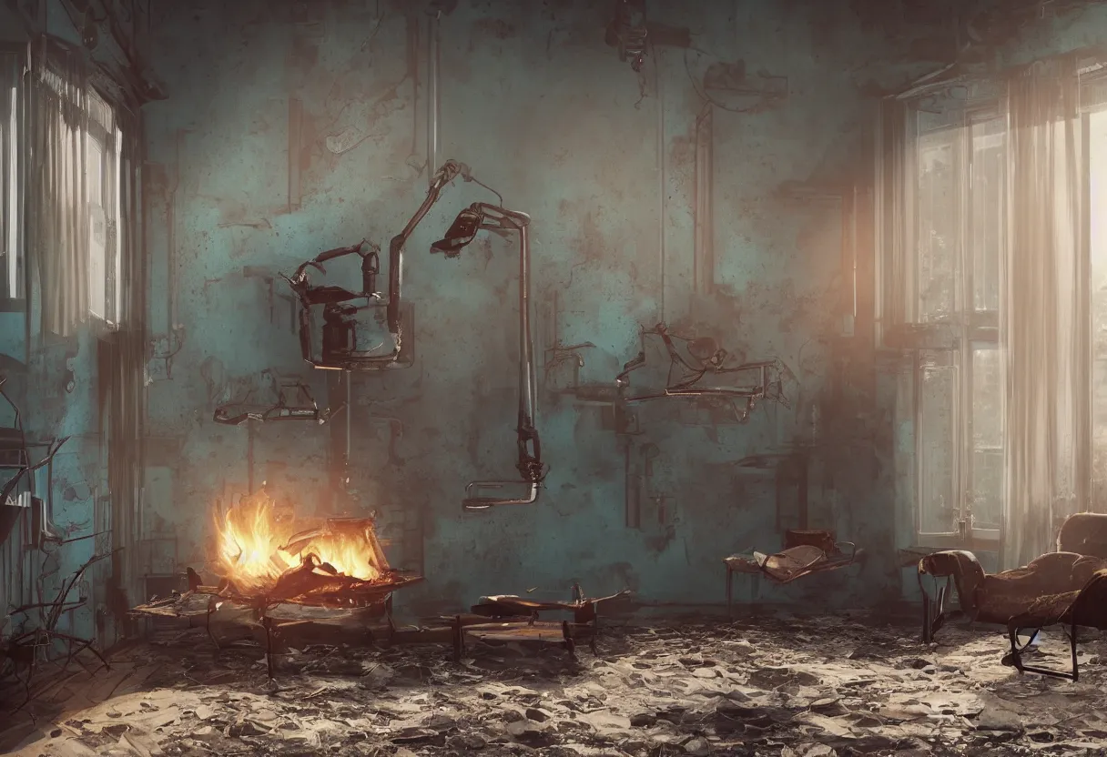 Image similar to intimate photograph of one single lone solitary cerulean and brown decaying futuristic robot lying on a frayed fainting couch facing a beautiful fireplace with a cozy fire, in a dusty Victorian home, soft morning light seeping in a window, with cinematic lighting and lens flare, tall ceiling, octane render, cgsociety, by Simon Stalenhag and Sylvian Boussiron and Alfonso Cuaron, highly detailed closeup portrait, award-winning highly detailed 8k anamorphic closeup tight cinematic movie photograph
