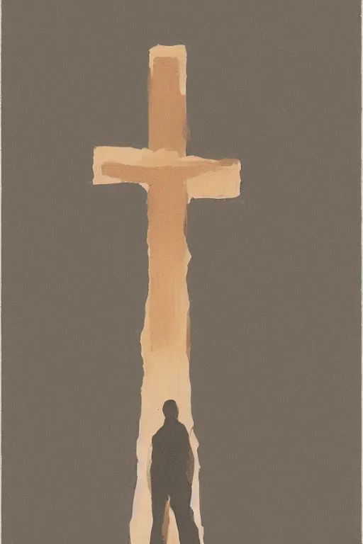 Image similar to man kneeling on the ground in front of a wooden cross, 1960’s minimalist advertising illustration, painterly, expressive brush strokes