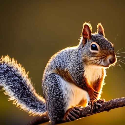 Prompt: closeup photo of a squirrel at sunset, backlighted, professional photo, nikon d 7 2 0 0, f / 1. 8
