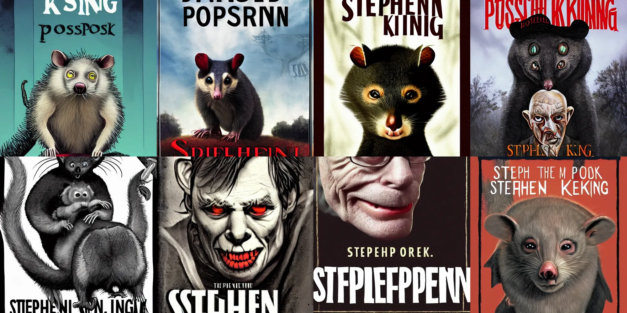 Prompt: Stephen King book cover with an evil possum