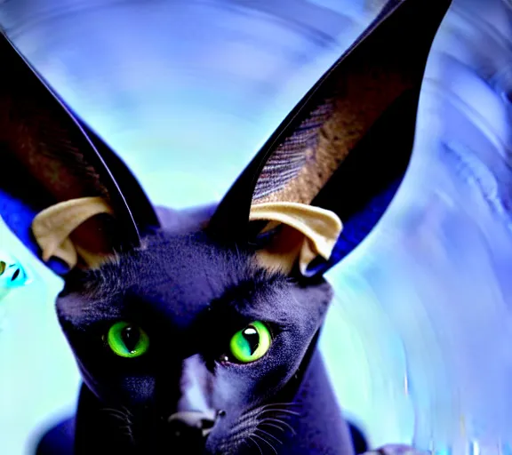 Image similar to a blue - and - black male catbat fursona with blue / green heterochromatic eyes ( differently - colored eyes, one eye green, one eye blue ) and huge bat ears, photo of the catbat streaming on his computer