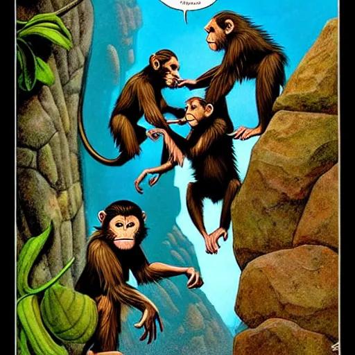 Image similar to Fantasy illustration by Clyde Caldwell - The monkeys chirrup loudly, a cacophonous din reverberating throughout the cavern. They leap into the air and land on the rocks, chittering and screeching to one another. One of them grabs a rock and hurls it into the pool. It splashes loudly, but the monkeys do not recoil. You see tattered strings of rope and cloth tied around their necks, to which they have affixed baskets that they carry beside them.