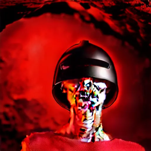 Image similar to female fashion model in year 3000 in a cave, model wearing a surreal Avant-garde helmet in red, dramatic lighting,photography , official Versace editorial , highly detailed