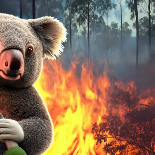 Image similar to Prime Minister Scott Morrison selfie by a forest fire, not holding a hose, smoke, koala bear in tree, cinematic, hyper realism, high detail, vivid colors, octane render, unreal engine, 8k