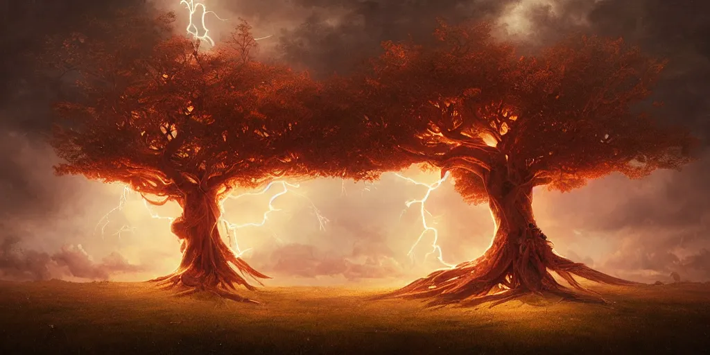 Prompt: tree struck by lightning by tom bagshaw, rococo, 8 k illustration, golden hour intricate, richly detailed, photorealistic imagery, artstation render inspired by alena aenami