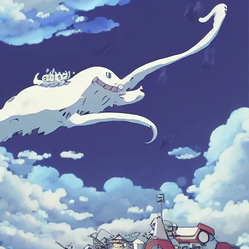 Image similar to huge white space whale, Miyazaki style, Studio Ghibli,moving castle, canvas, oil, animation, ultra details