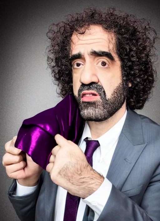 Image similar to caparezza wearing a tight dark purple suit, elegant, promotional photo, studio lighting