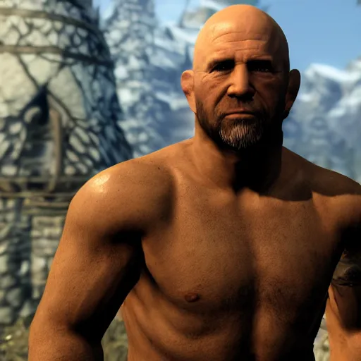 Image similar to character screenshot of ufc president dana white, npc, skyrim, wilderness, 1 0 8 0 p, bokeh, elder scrolls v, detailed, dialog text