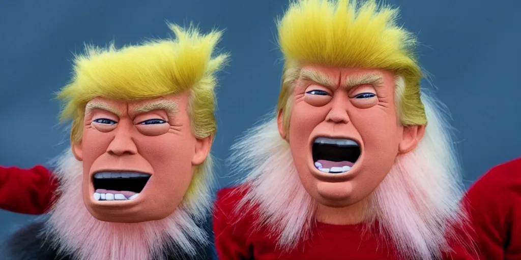 Image similar to Trump as Norwegian troll doll, hyperrealistic, character design