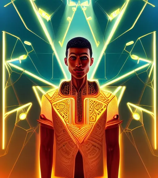 Image similar to symmetry!! egyptian prince of technology, solid cube of light, hard edges, product render retro - futuristic poster scifi, lasers and neon circuits, brown skin man egyptian prince, intricate, elegant, highly detailed, digital painting, artstation, concept art, smooth, sharp focus, illustration, dreamlike, art by artgerm