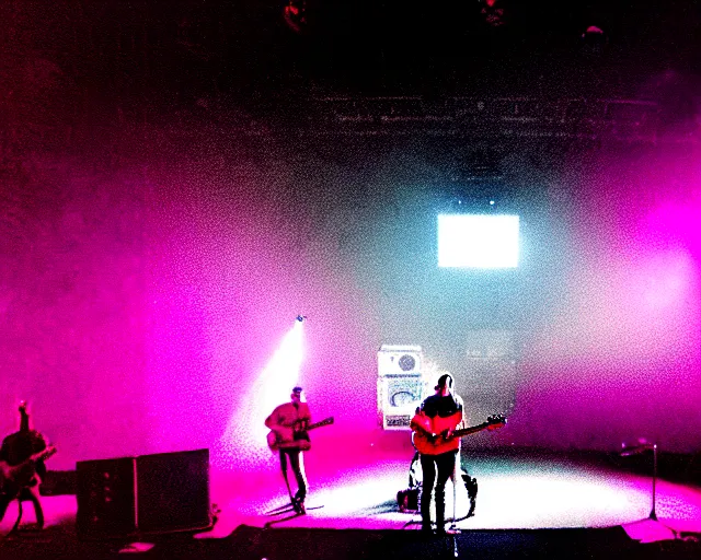 Prompt: punk singer songwriter on stage, band playing, giant led screens, soft colors, glowing - thin - wires, smoke, dust, ultrafine detail, ornate, associated press photo, band playing instruments, smoke, detailed projections, volumetric