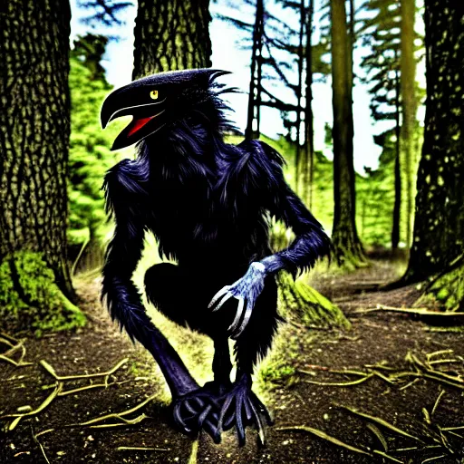 Image similar to werecreature consisting of a human and crow, photograph captured in a forest