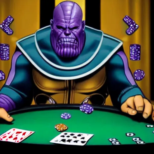 Image similar to thanos playing poker and going all in, high detail, photorealistic, depth of field