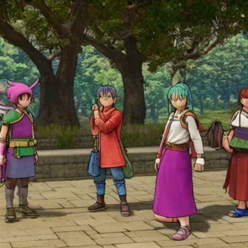 Prompt: a some people waiting in a lone bus stop in Dragon Quest XI, detailed