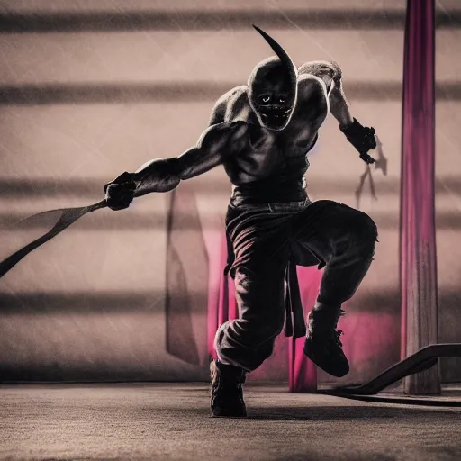 Image similar to Demon ninja warrior, Airbrush, low-key lighting, low angle, somber, sinister, doom, haunting