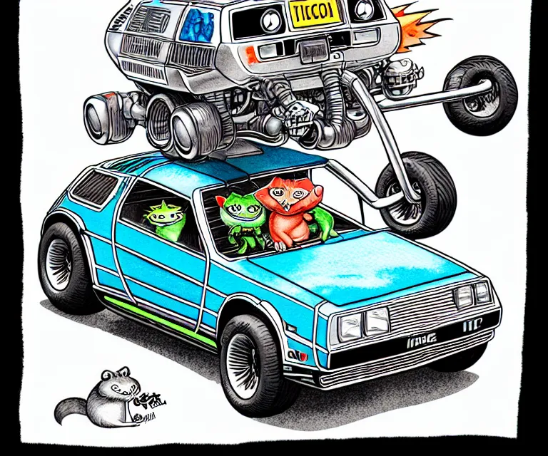 Prompt: cute and funny, ( ( ( ( ( ( racoon ) ) ) ) ) ) wearing a helmet riding in a tiny silver color hot rod dmc delorean with oversized engine, ratfink style by ed roth, centered award winning watercolor pen illustration, colorful isometric illustration by chihiro iwasaki, edited by range murata