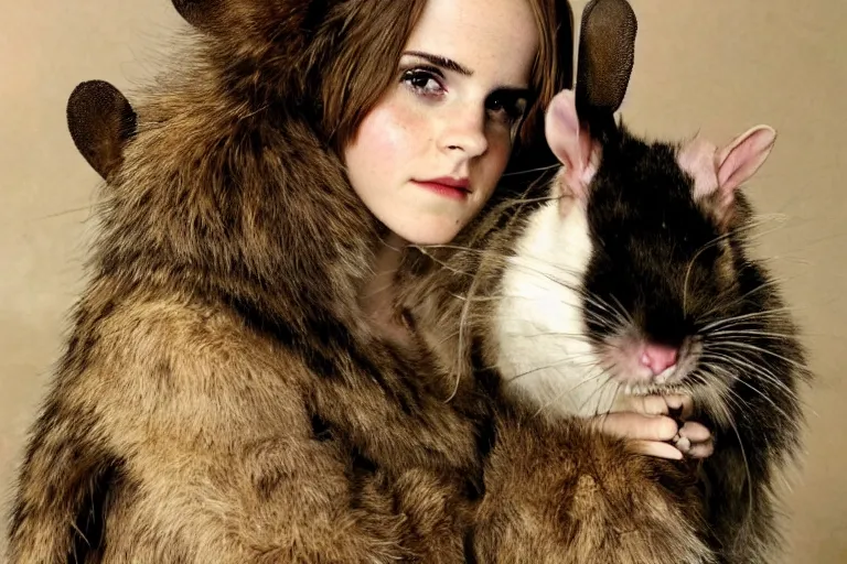 Prompt: 9, photo, emma watson as anthropomorphic furry - rat, 1 8 6 5 5, she is a real huge fat rat with rat body, cats! are around, eating cheese, highly detailed, intricate details