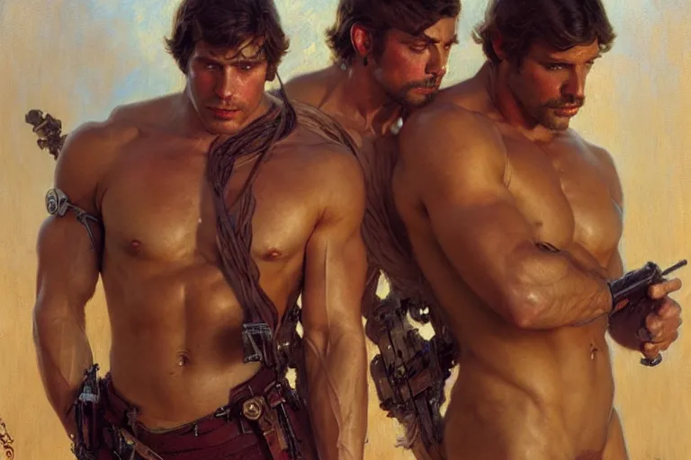 Prompt: 2 muscular attractive men, star wars, painting by gaston bussiere, craig mullins, greg rutkowski, alphonse mucha