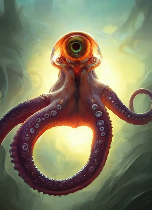 Image similar to holy cephalopod a single large knowing eye with long powerful tentacles and angelic qualities, highly detailed, digital painting, artstation, concept art, matte, sharp focus, illustration, dramatic, sunset,hearthstone, art by Artgerm and Greg Rutkowski and Alphonse Mucha