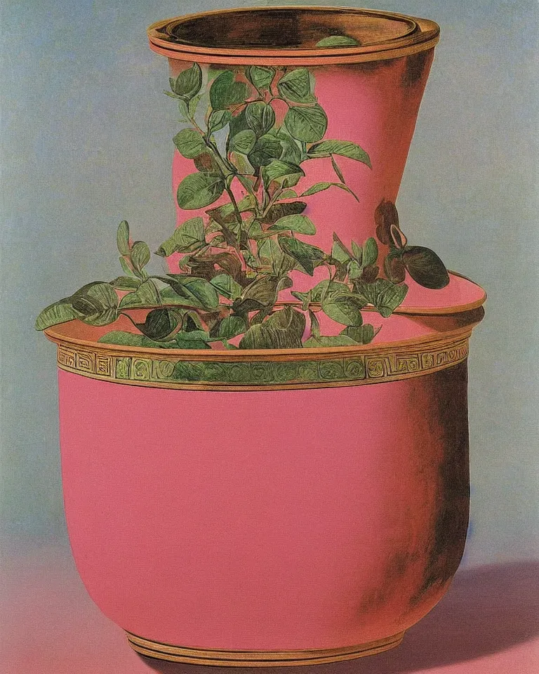 Image similar to achingly beautiful print of intricately painted ancient greek krater on a pink background by rene magritte, monet, and turner.