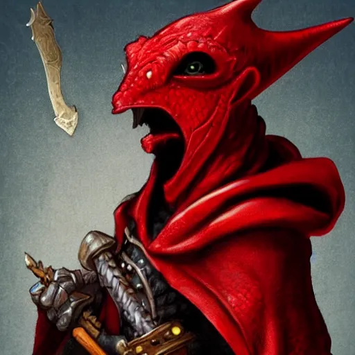 Prompt: A red D&D dragonborn wearing a hooded leather coat and holding a flintlock pistol. Profile view, Artstation n 4