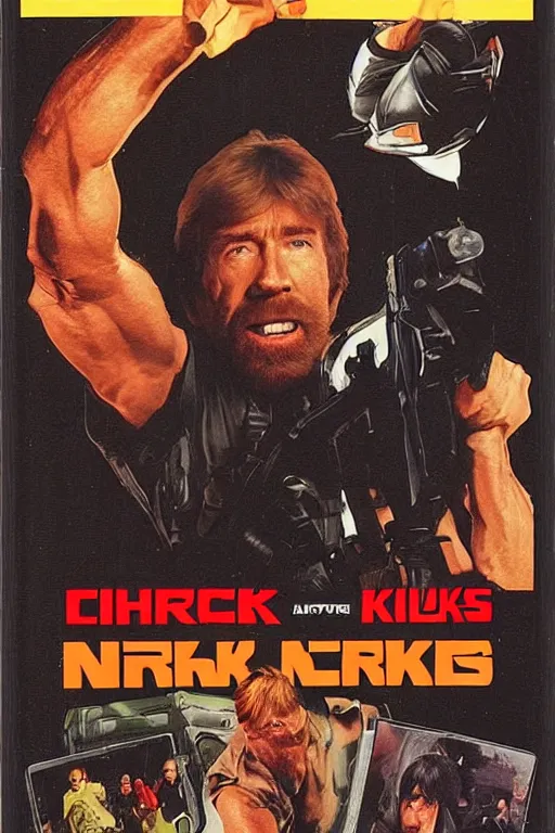 Image similar to chuck norris 1 9 8 0 s vhs tape cover ninja commando, atmospheric, realism, action, grimy, kung fu arena, highly detailed, high octane render, hd, 3 ninjas on jetskis, in the style of enzo sciotti