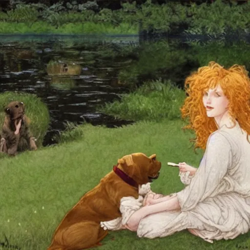 Image similar to pretty girl with curly blonde hair sits next to her white pitbull, sitting on a riverbank watching the sunset, painting by rebecca guay