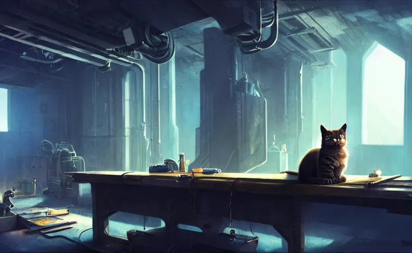 Image similar to a cat sleeping on a mechanics workbench, space opera and dystopian style, d & d, fantasy concept art, global illumination, interesting composition, volumetric lighting, art by enki bilial, highly detailed