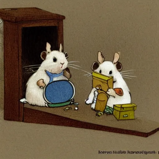Prompt: guinea pigs working on tiny cute computers, illustration in the style of Beatrix Potter