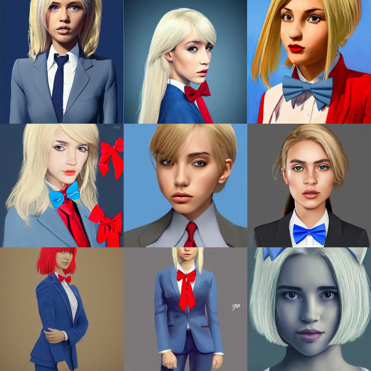 Prompt: paz ortega andrade, blonde 1 9 year old girl wearing a blue - grey suit with a red stringy bow - tie kinda thing | character portrait | trending on artstation, deviantart, 8 k, hyperrealistic, a character portrait by yuumei, featured on pixiv, digital art, ilya kuvshinov, official art, pixiv