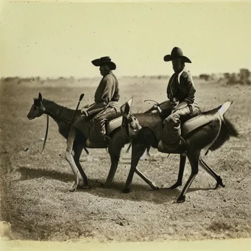 Image similar to kangaroo and wallaby cowboys, riding into a small town on horses, 1 8 6 0 s, photo