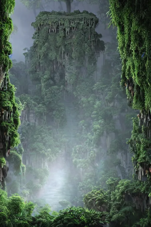 Prompt: ancient fractal temple megastructure in the hanging gardens of a radiant forest jungle, overgrown garden, scanned earth terrain fractal bridges, highly detailed erosion algorithm landscape, by albert bierdstat, by glenn small, high resolution, 8 k photorealism, god rays in volumes of fog, looking up perspective, unreal engine, octane render, realistic render