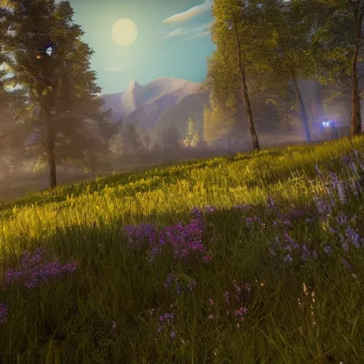 Image similar to magical landscape with a meadow in the foreground, a battle between two fantasy armies, a forest in the background and a mountain on the horizon, realistic, detailed, cinematic light, art by unreal engine 5 art