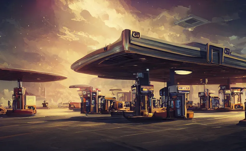 Image similar to gas station in space, 4 k, polished, photorealistic, steampunk, hard edges, zoomed in, very coherent, sharp focus, rim light, exquisite lighting, hard edges, sci - fi, print, cinematic, game art, concept art, octane