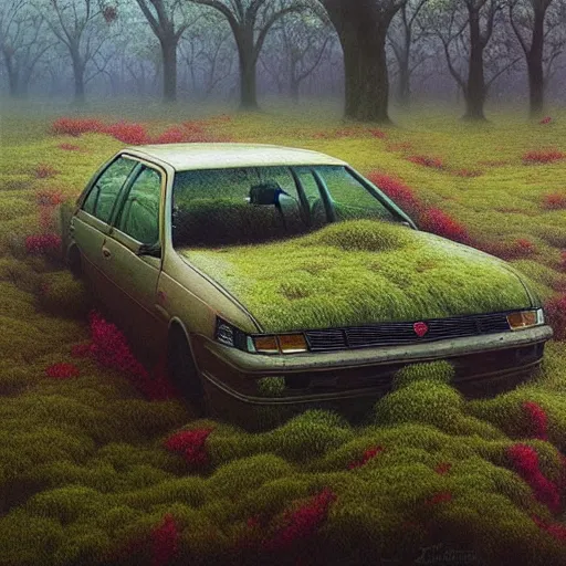 Image similar to hyper realistic painting of an abandoned holden commodore covered with moss, an Australian summer landscape, by Zdzislaw Beksinski