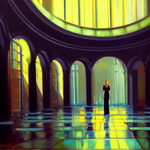 Image similar to scene, moment, beautiful woman, courtyard, capital, cybermosque interior, control panel, watcher, omniscient, tech noir, wet reflections, impressionism, matte painting, speed painting, chiaroscuro, oil on canvas