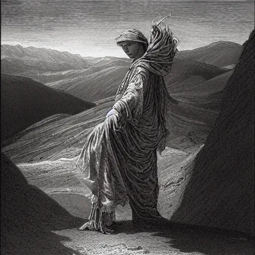 Prompt: the spirit of the desert by gustave dore