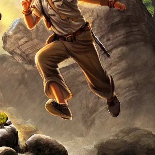 Image similar to Indiana Jones being chased by a boulder trap underground, boulder chase, inside ancient stone temple background, Indiana Jones running away from big round stone, raiders of the lost ark, detailed background, anime key visual