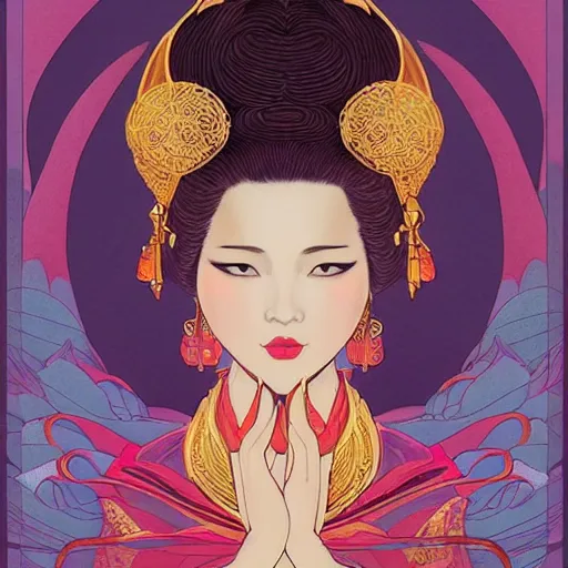 Image similar to asian princess portrait symmetry, with a flower kimono, curvy, royal style, elite, gold, art deco, stylized illustration by peter mohrbacher, moebius, mucha, victo ngai, colorful comic style