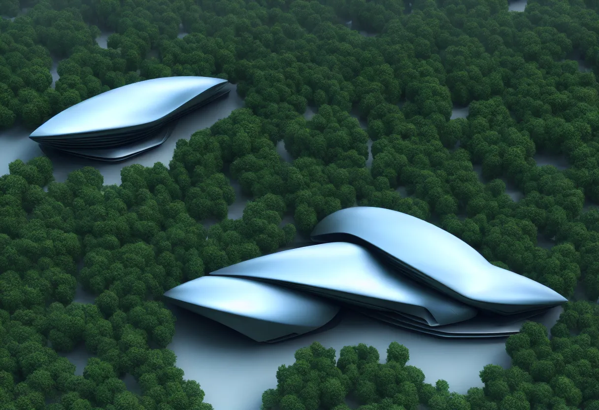 Image similar to futuristic building by zaha hadid hidden in the forest, cinematic, 8 k resolution, unreal engine, photorealistic, octane render