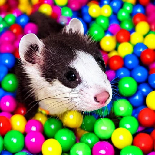 Prompt: ferret with clown makeup, in a ball pit