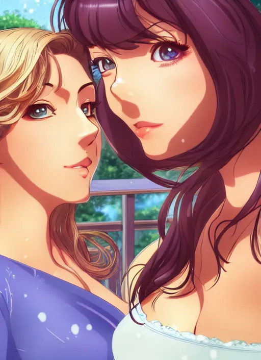 Image similar to two beautiful mothers in a summer home, gorgeous faces, thick lines, cinematic lighting, detailed anime art