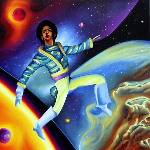 Image similar to a painting of prince in space in the style of dali. trending on artstation.