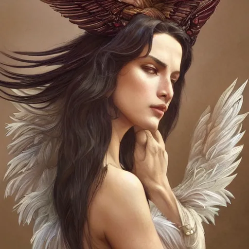 Image similar to a great lucifer, with beautiful wings, beautiful feather, beautiful eyes, olive skin, long dark hair, beautiful bone structure, intricate, elegant, highly detailed, digital painting, artstation, concept art, smooth, sharp focus, illustration, art by artgerm and greg rutkowski and alphonse mucha